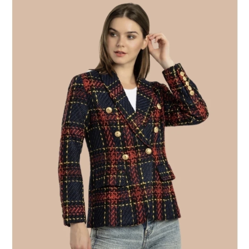 SMF Double- Breasted Plaid Tweed Jacket blazer‎ w gold buttons super chic…